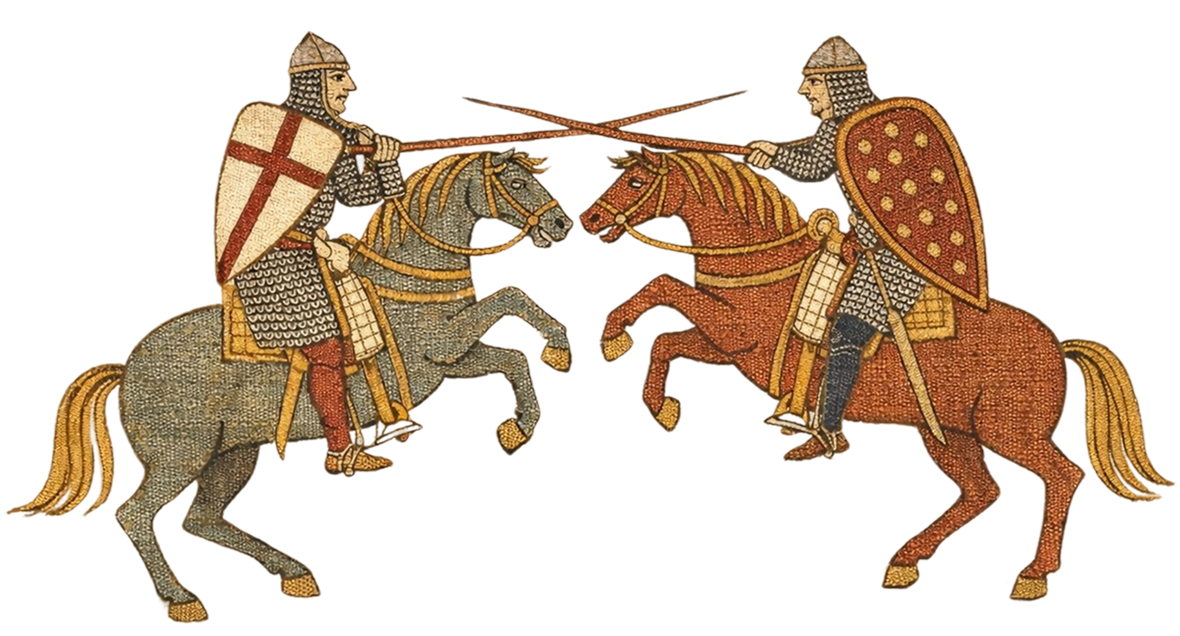 Tapestry-style illustration of two knights on horseback, lances crossed