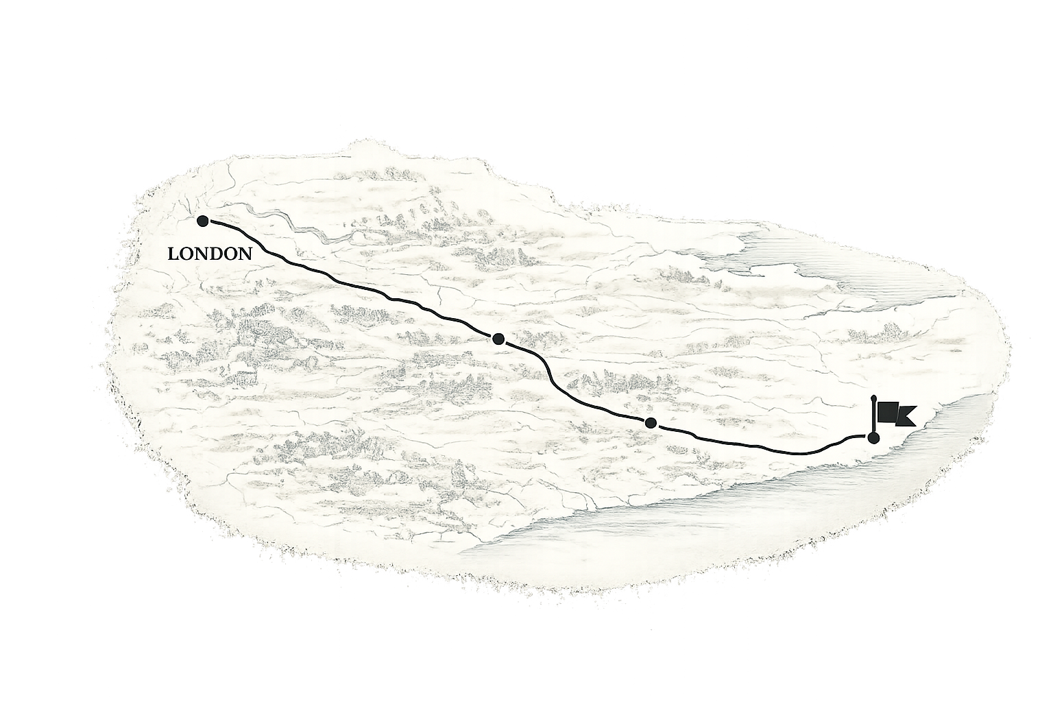 Hand-drawn map of the route from London toward the south coast, with the Thames and English Channel.